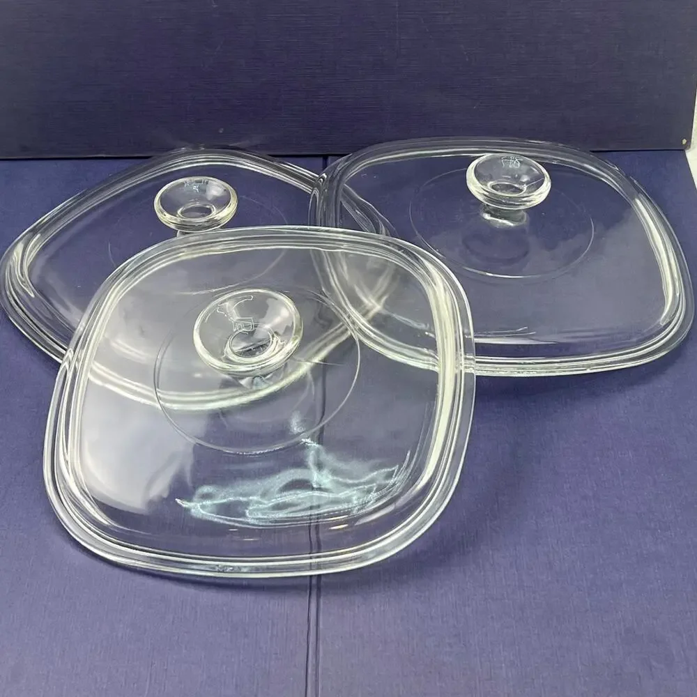 Lot 3 PYREX A-9-C Clear Glass Square Casserole Replacement Lids 8 5/8”